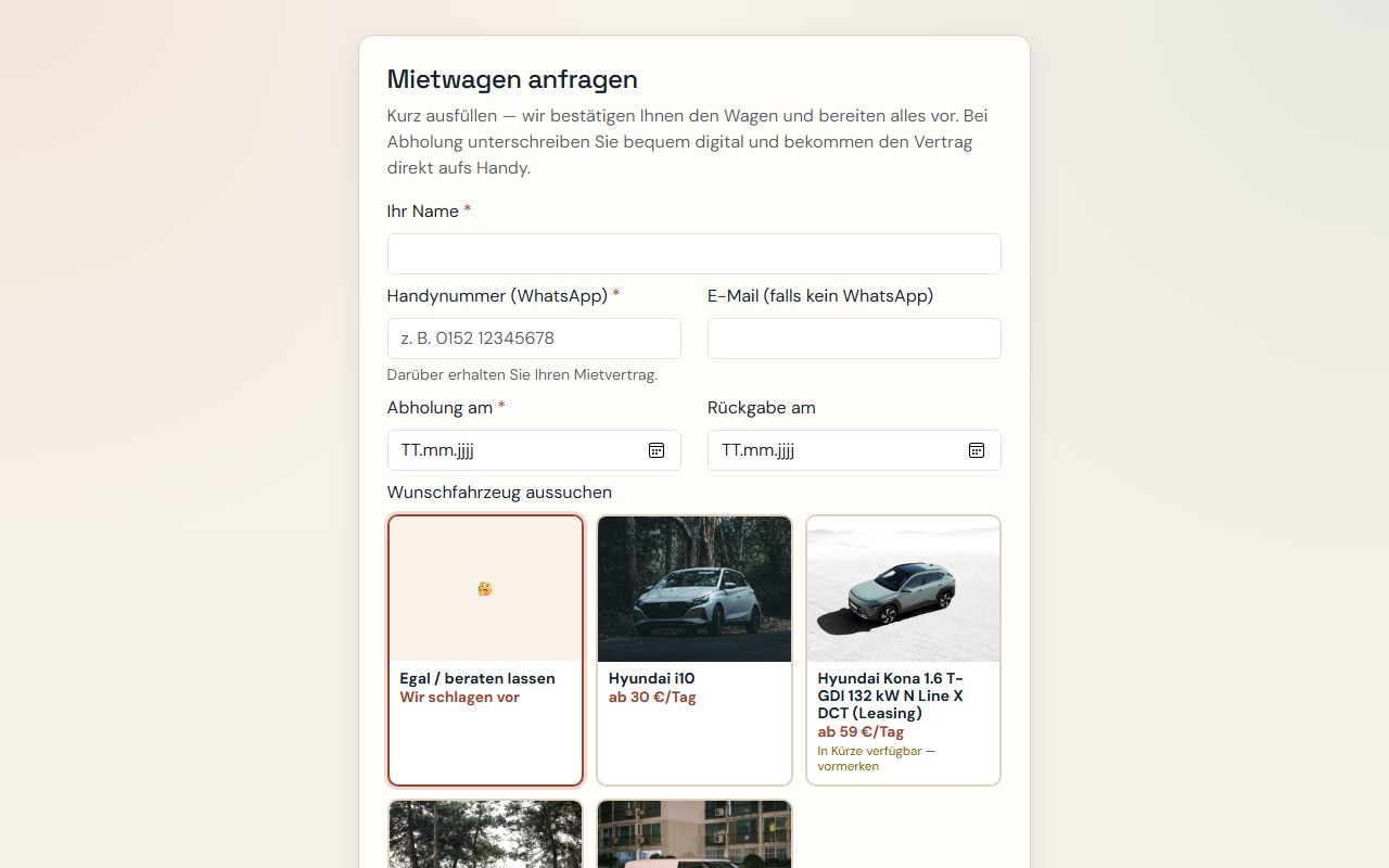 Öffentliches Mietwagen-Buchungsmodul als Teil des Werkstattcockpits