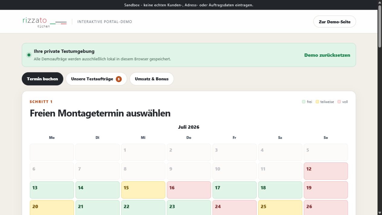Projektansicht des Partnerportals mit Terminwahl und Auftragsübersicht in einer Demo ohne Kundendaten